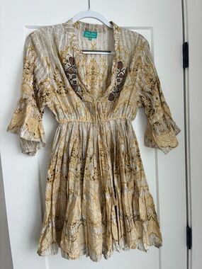 Mini Embroidered Tie-Front Dress in Gold and Cream pattern